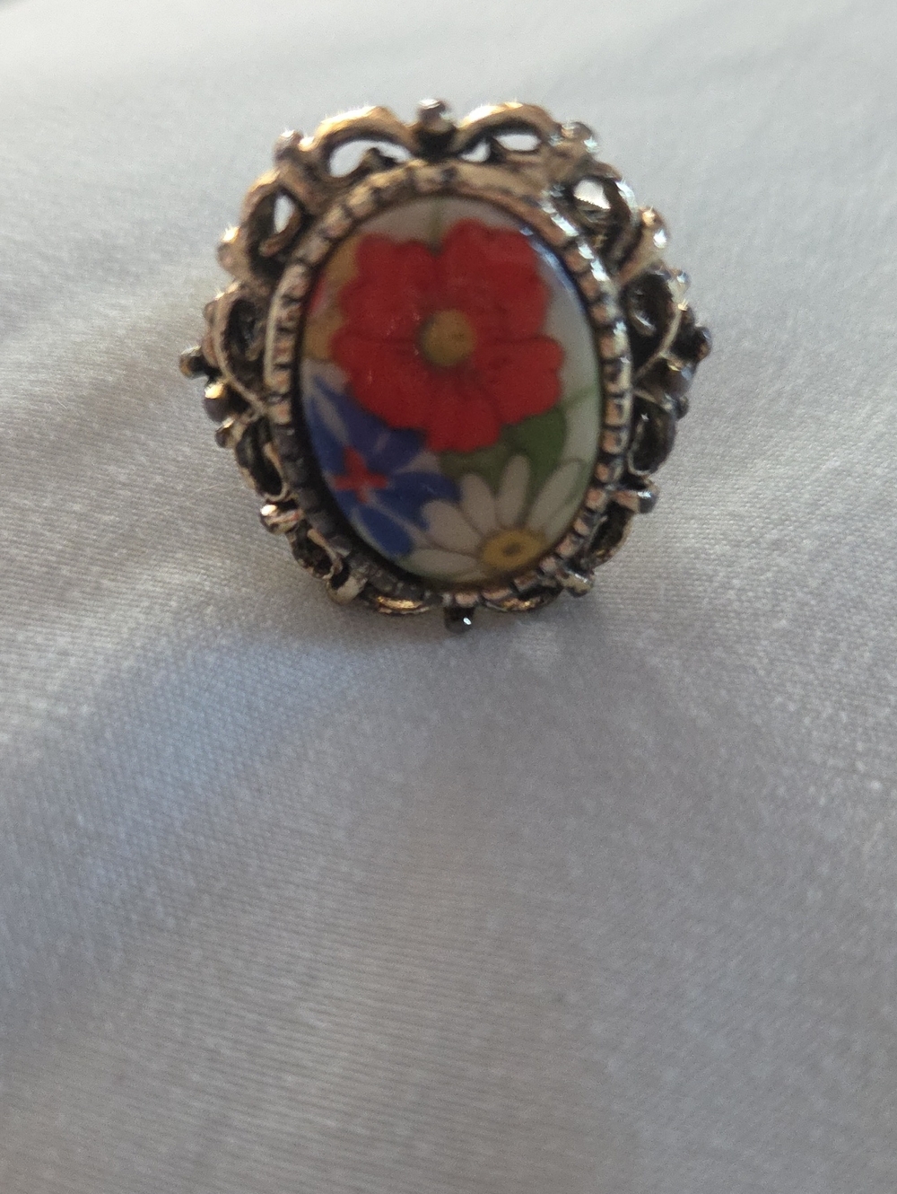 Floral Porcelain Hand Painted Vintage Adjustable Ring - Red, Blue & White